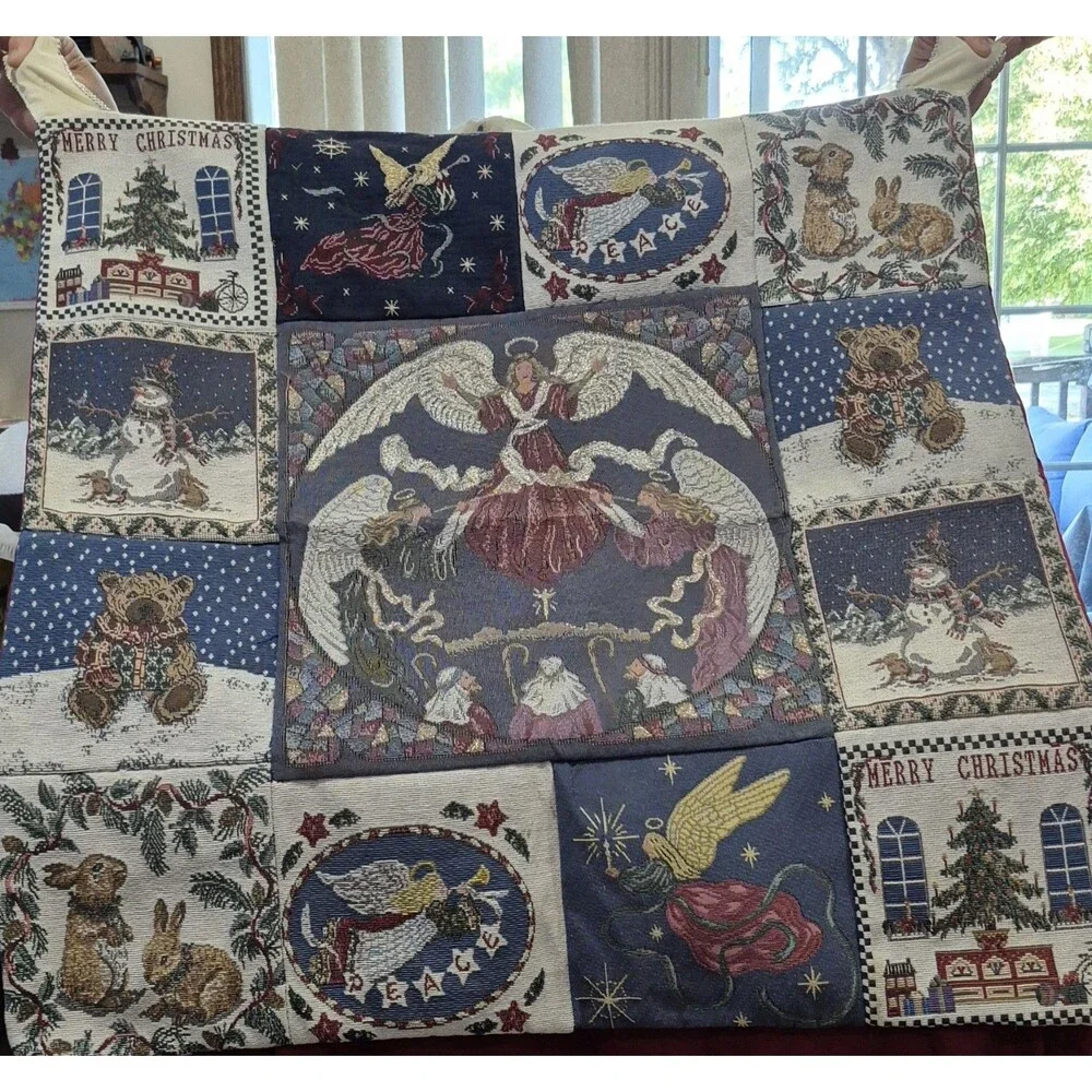 VTG Christmas Tapestry Wall Hanging Square 33x33 Patchwork Angel Snowman Teddy